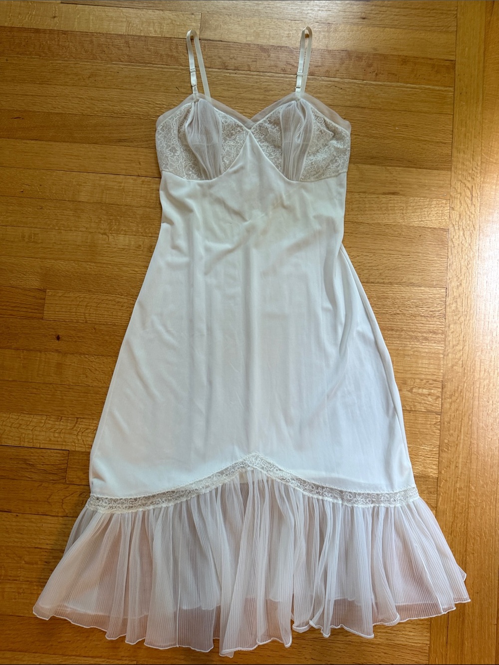 Vintage Rogers Nightgown / Slip Off-White Sheer Pleated and Lace Bust & Hem